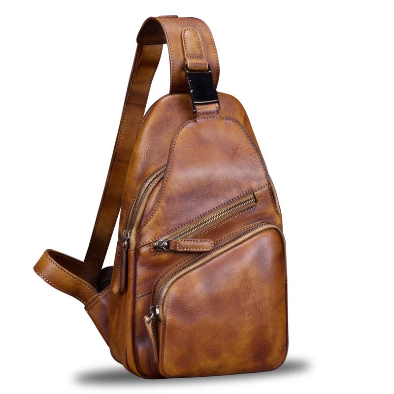 IVTG Genuine Leather Sling Bag Chest Shoulder Hiking Backpack Vintage Handmade Crossbody Daypack (Brown) One_Size - Image 1